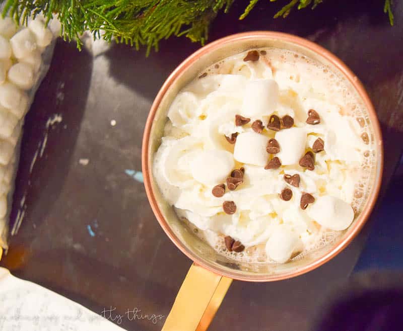 A mug of fresh hot chocolate, topped with mini marshmallows and mini chocolate chips.