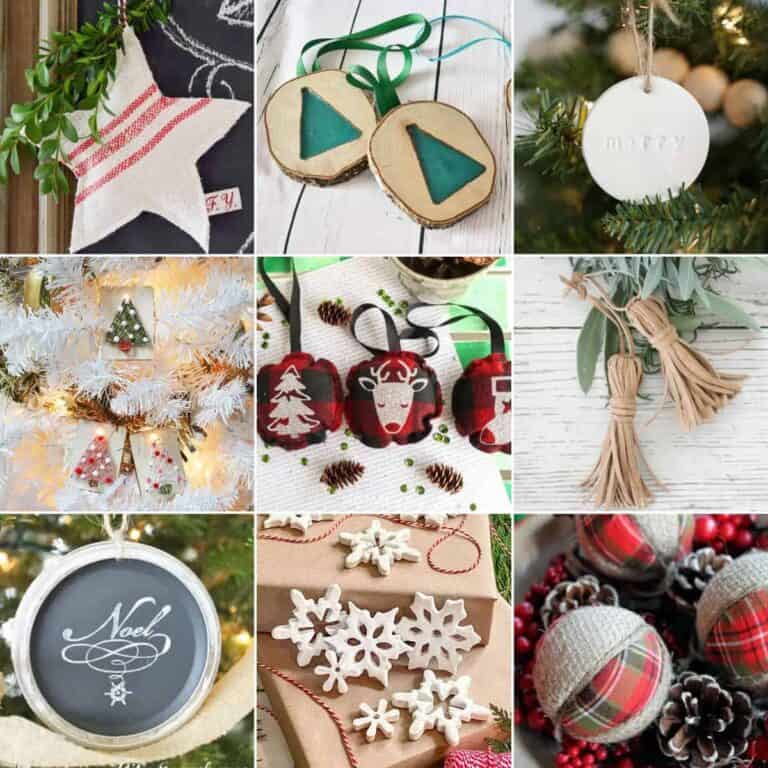 Image collage of nine DIY farmhouse style Christmas ornaments