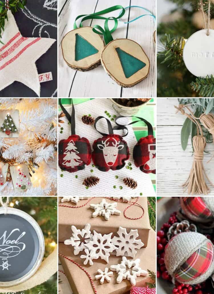 Image collage of nine DIY farmhouse style Christmas ornaments