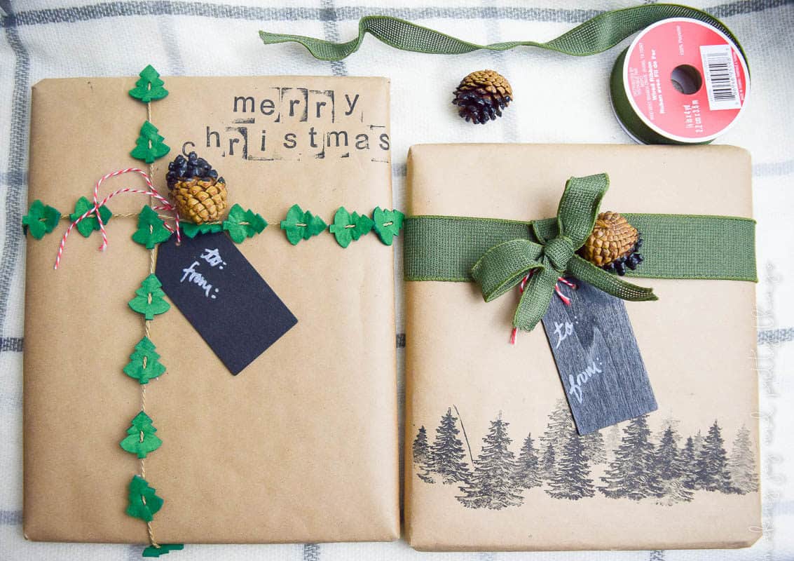 I love these fun rustic gift wrapping ideas! Use kraft paper, paint-dipped pinecones, ribbon, gift tags and stamps to give your gifts a rustic touch.