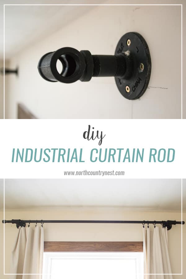 Two stacked images showing an industrial DIY curtain rod. The top image is a wall-mounted rod holder; the bottom image is of a black curtain rod holding white curtains over a window. Image text overlay reads "DIY industrial curtain rod"