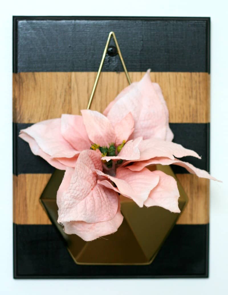 A rustic-glam gold and wood wall planter, complete with a large pink poinsettia flower. The geometric gold planter hangs on a black and wood-striped pine board.