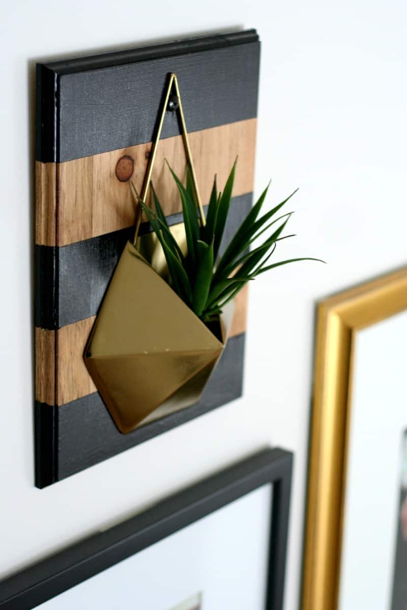 A close up look at the completed diy wooden wall planter made with a gold geometric planter, hanging on a stairway wall. The wall planter hangs above a black picture frame.