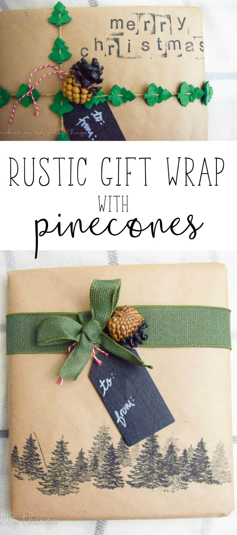 Check out these rustic gift wrap ideas for Christmas gifts! Use pinecones, felt Christmas tree cutouts, twine, and stamps to create this gift wrapping ideas.