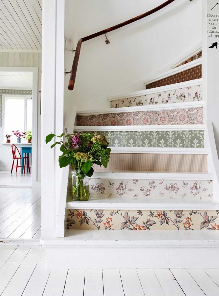 Stair risers are how to use wallpaper in a different way that you might not consider as a unique way to use wallpaper