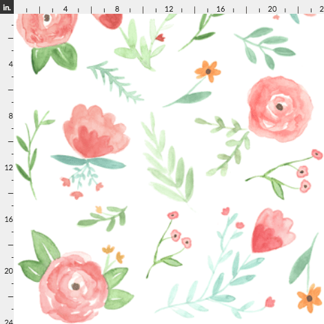 A swatch of floral wallpaper; peach flowers with green leaves on a white background.