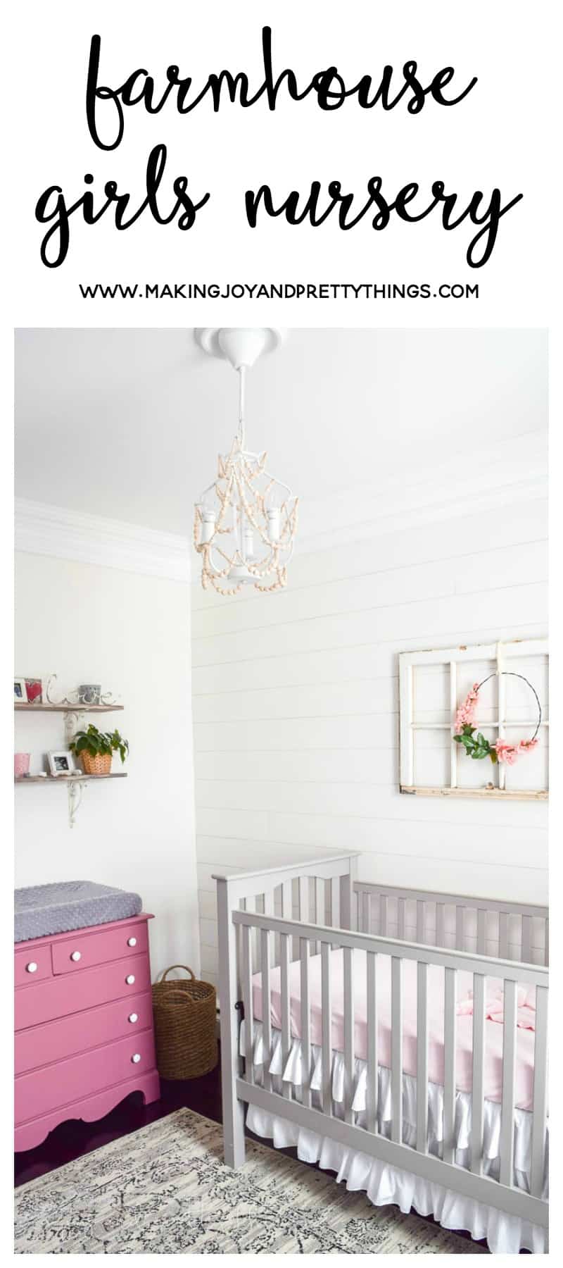 Completed reveal showing off farmhouse nursery ideas for a girls room with shiplap and other antique finishes