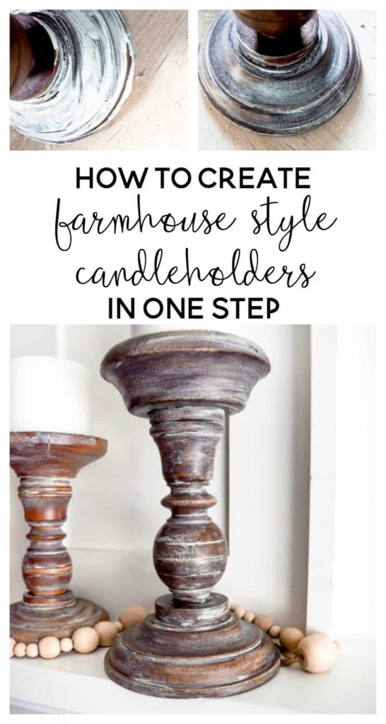 Learn how to create these farmhouse style candleholders in one step! By using white wax, you can instantly make these dark wood candle holders look old and vintage. 