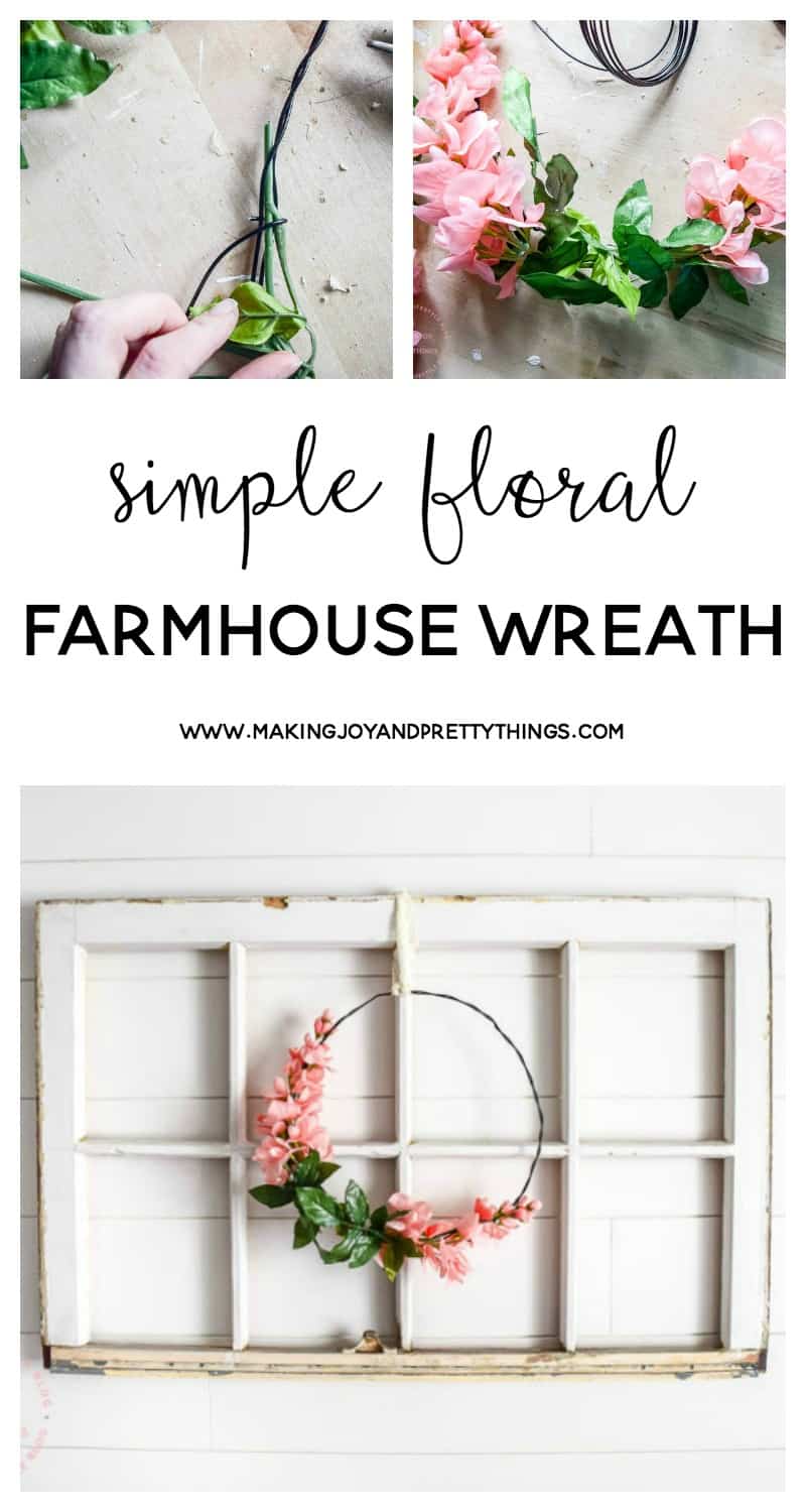 Tutorial for a DIY flower wreath made with a decorative wire and faux flowers to create a farmhouse style