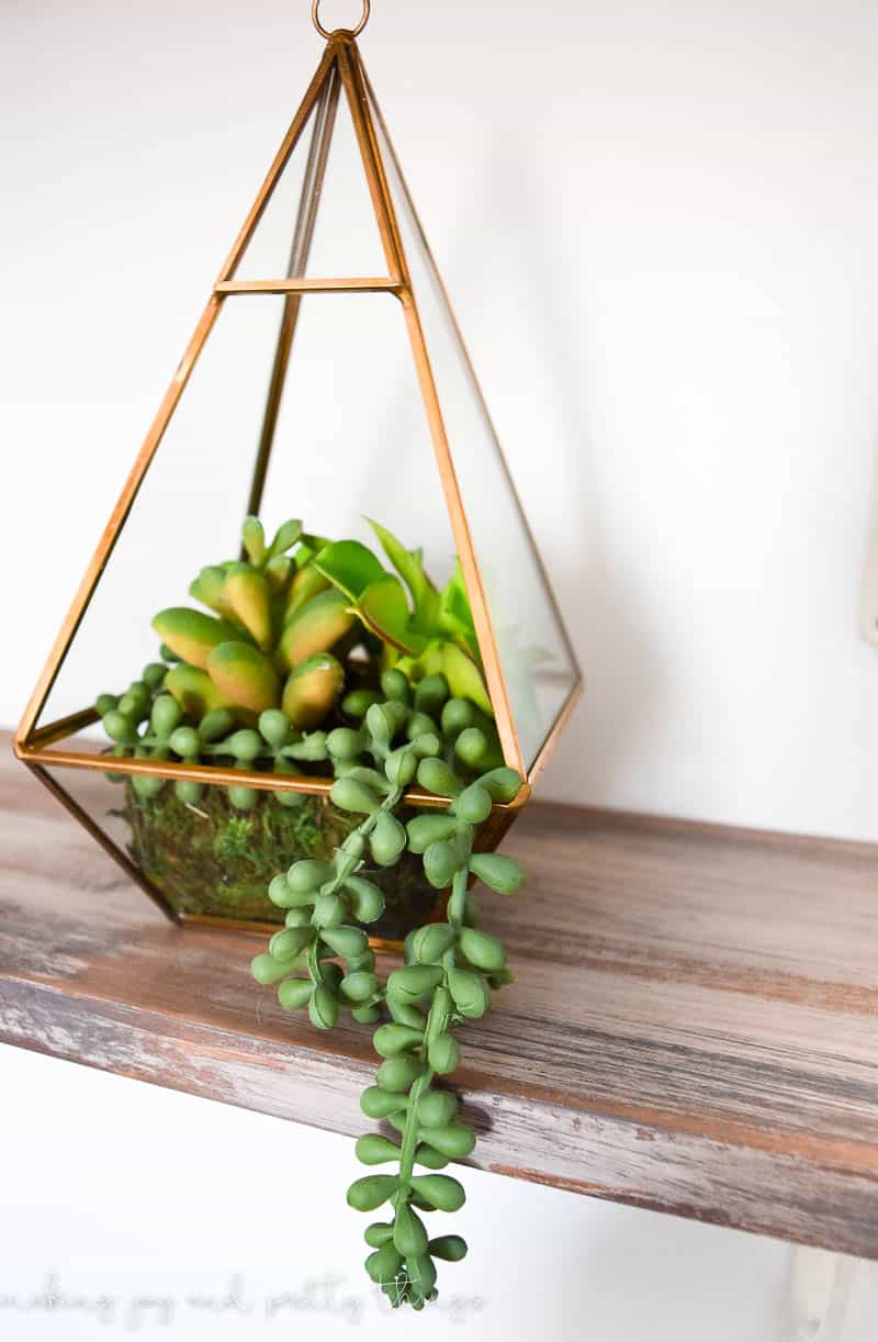 This beautiful fake terrarium made with fake plants looks amazing on a rustic shelf with faux succulents from michaels