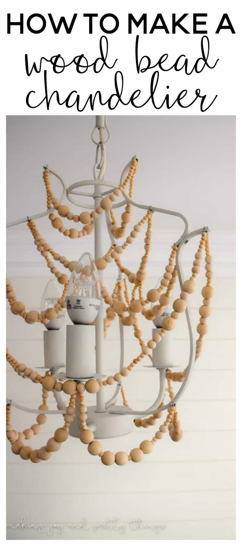 Learn how to make this easy diy wood bead chandelier with farmhouse style, perfect for a kids bedroom.