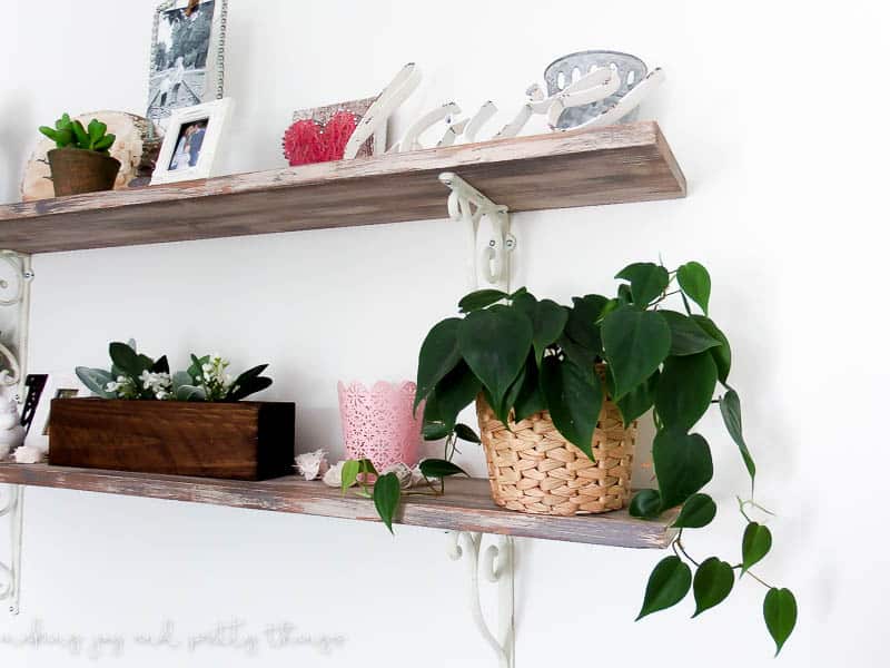 Decorated rustic shelves with planter boxes and baskets used as pots for live plants growing in indirect sunlight.