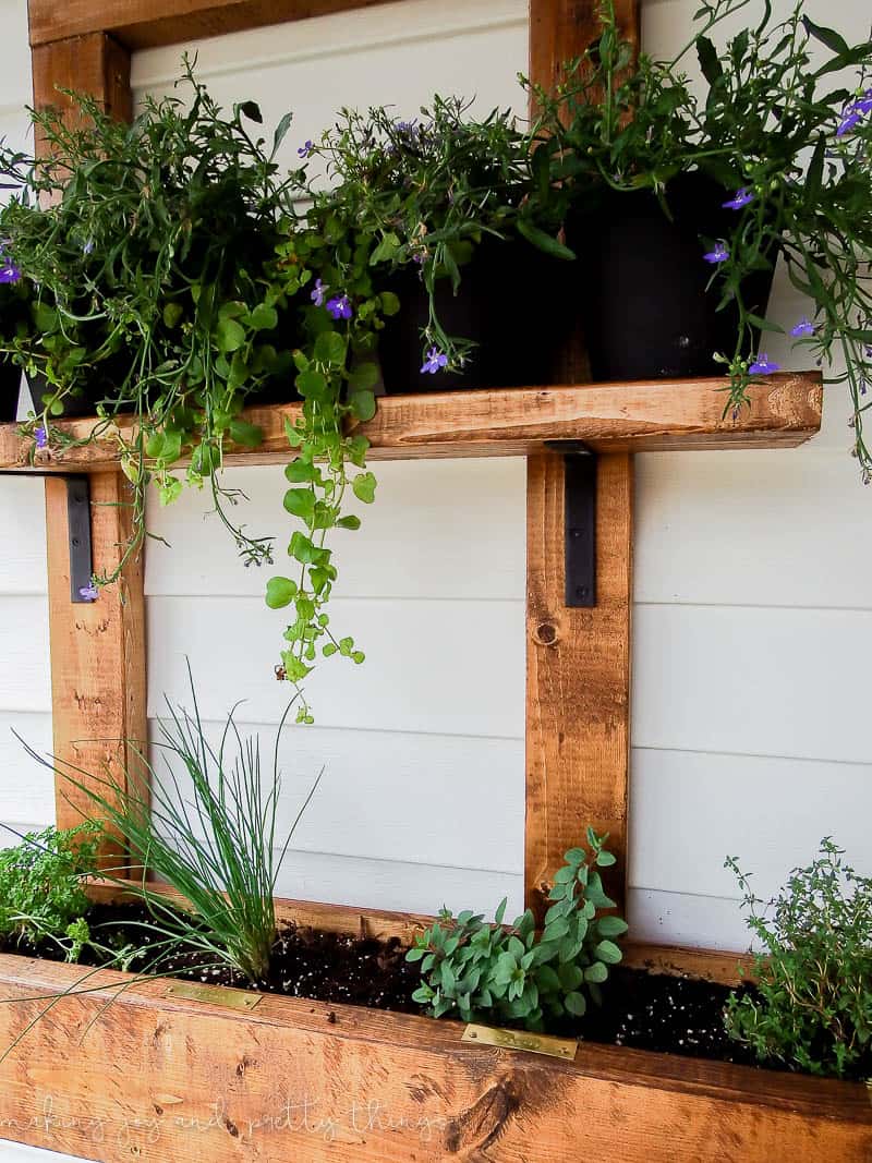 Outdoor wall planters that also have shelves provide options for plants in pots as well as in soil in a planter
