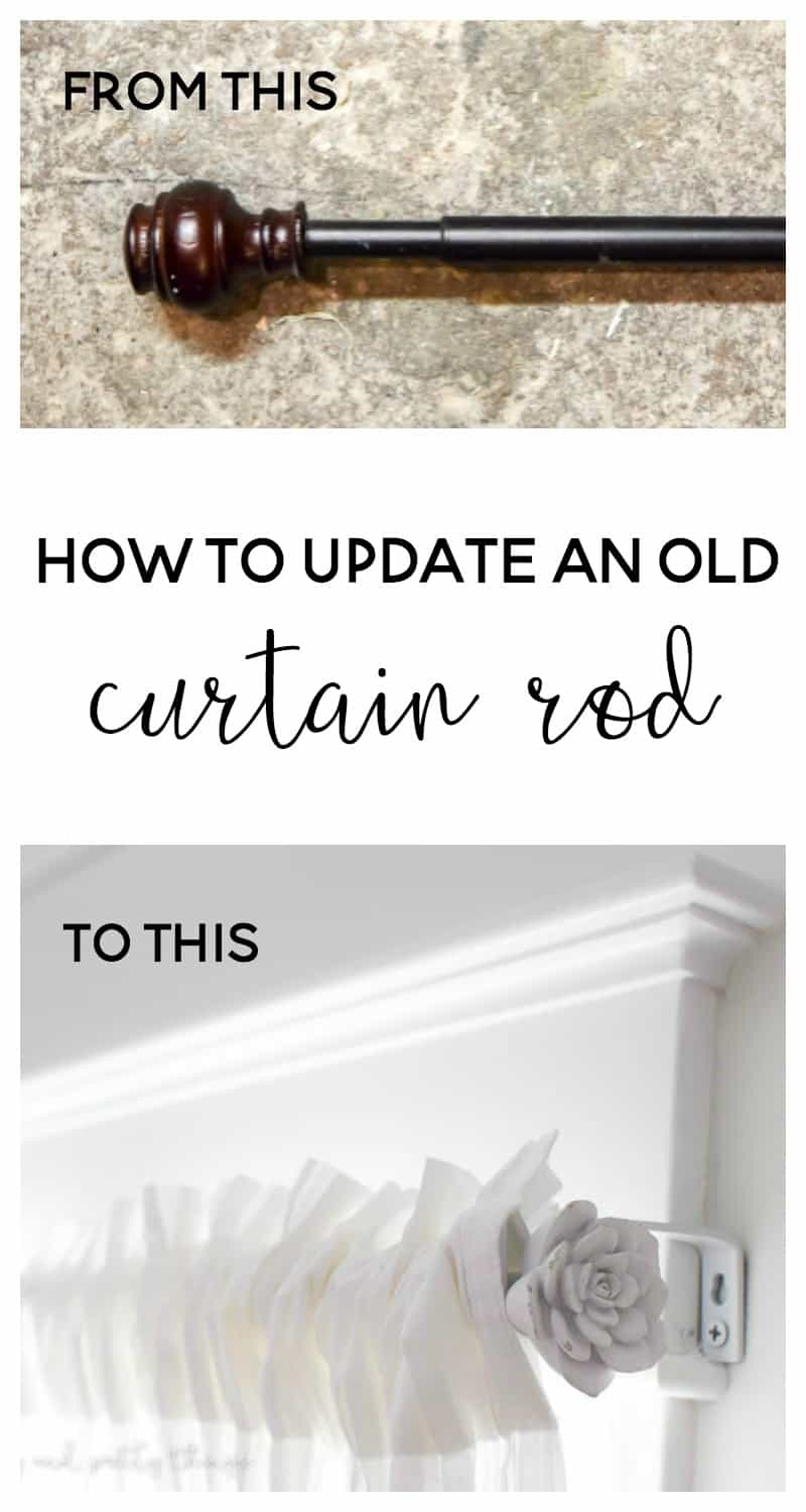 Turn an old curtain rod into a farmhouse style curtain rod. Add some drawer knobs to the ends and you have a budget friendly project!