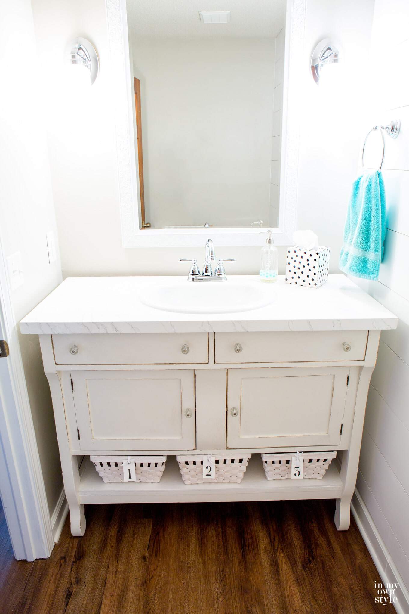 You can also use any type of countertop you want to when you grab an old dresser as a vanity