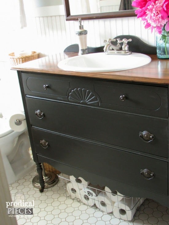 Black Dresser converted to vanity as a way how to save money on a bathroom remodel with a farmhouse touch