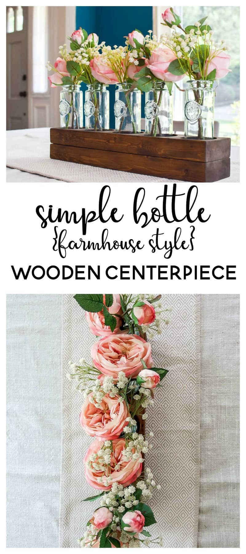 See how I used a scrap 2x4 board and transformed it into a simple wooden farmhouse style centerpiece using 5 blue glass vases. Add in some beautiful silk roses and you have a gorgeous, easy centerpiece!