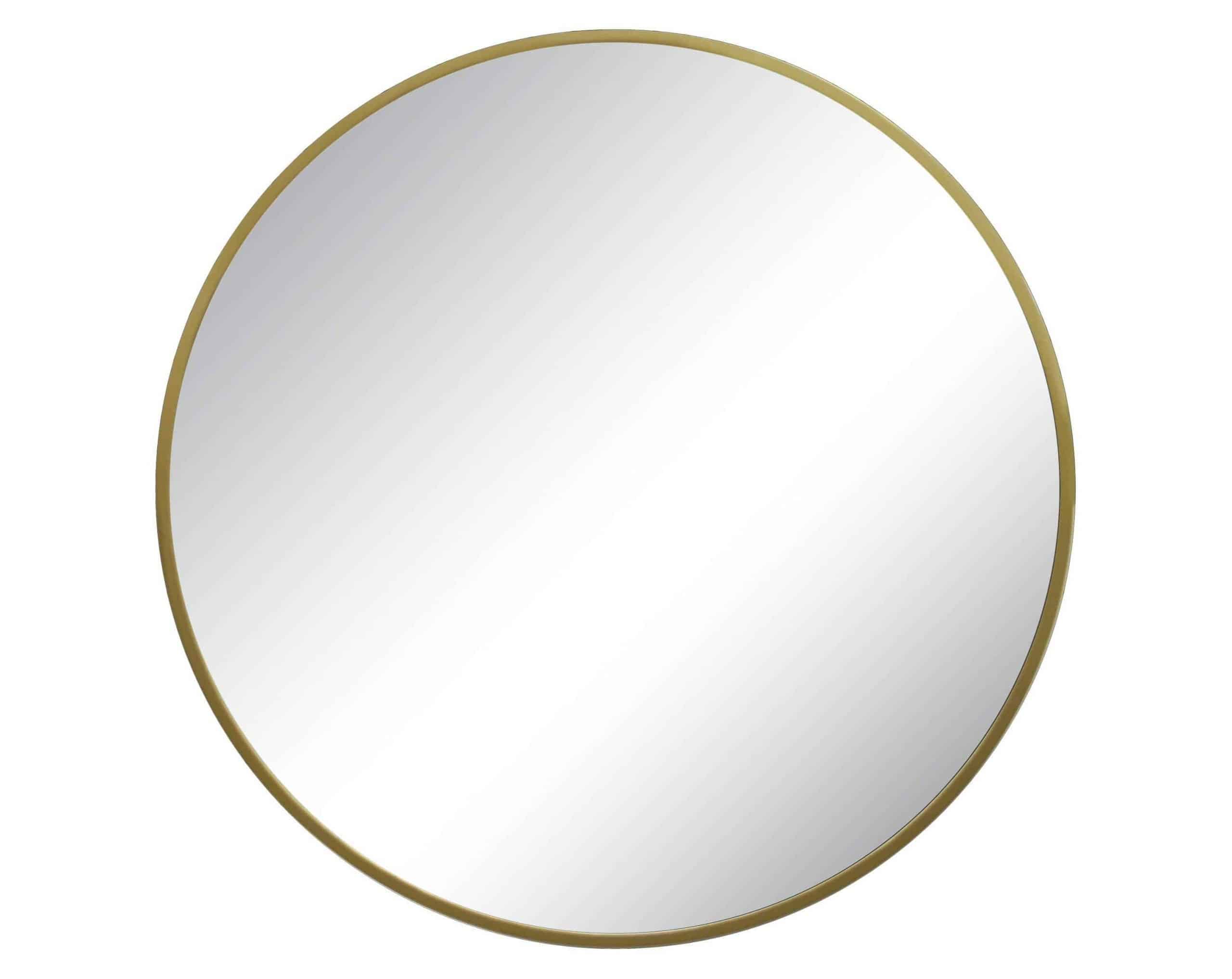 Stock photo of a mirror with a brass ring around it to add above a chimney for a farmhouse look