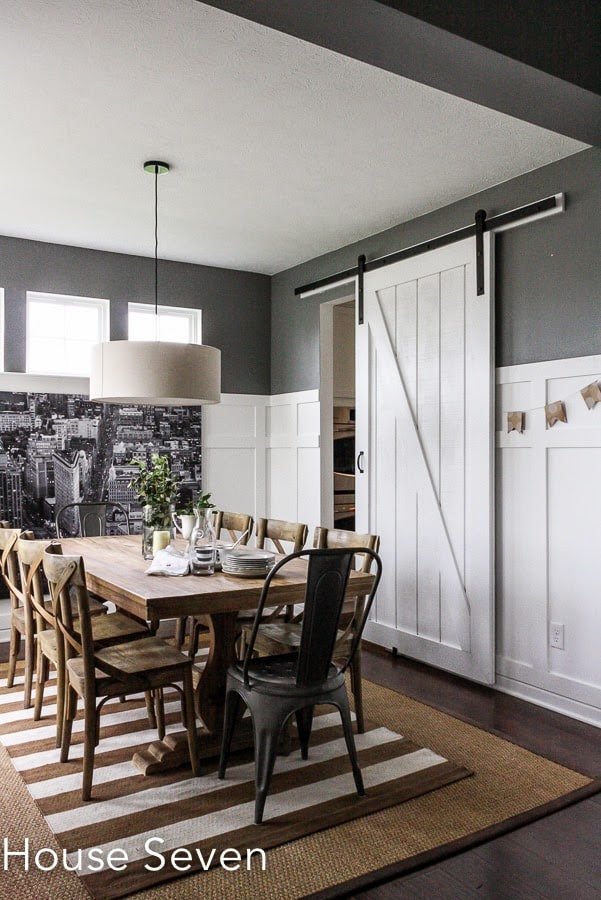 Another photo of a neutral patterned rug on a dining room floor, creating an interesting texture.