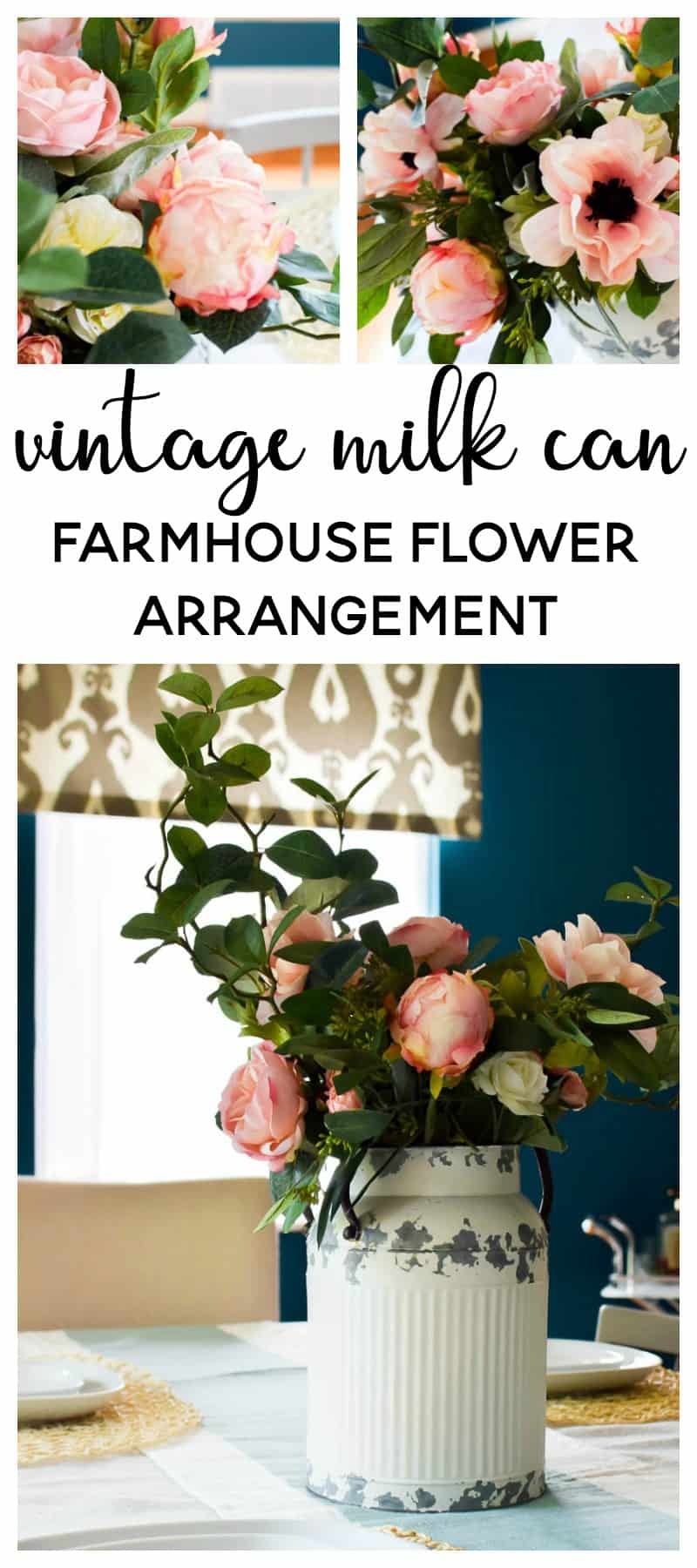 Using a vintage milk can to make a farmhouse flower arrangement is an easy thing to do with this tutorial