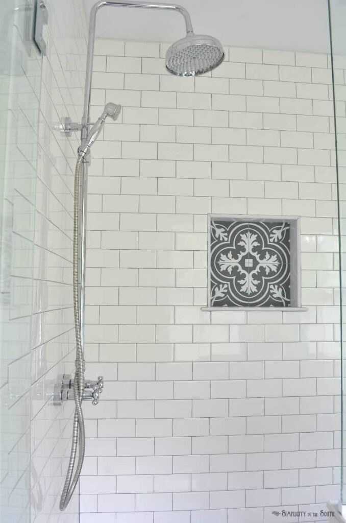 Using a small amount of patterned tile in the overall design of a bathroom remodel to teach ways how to save money