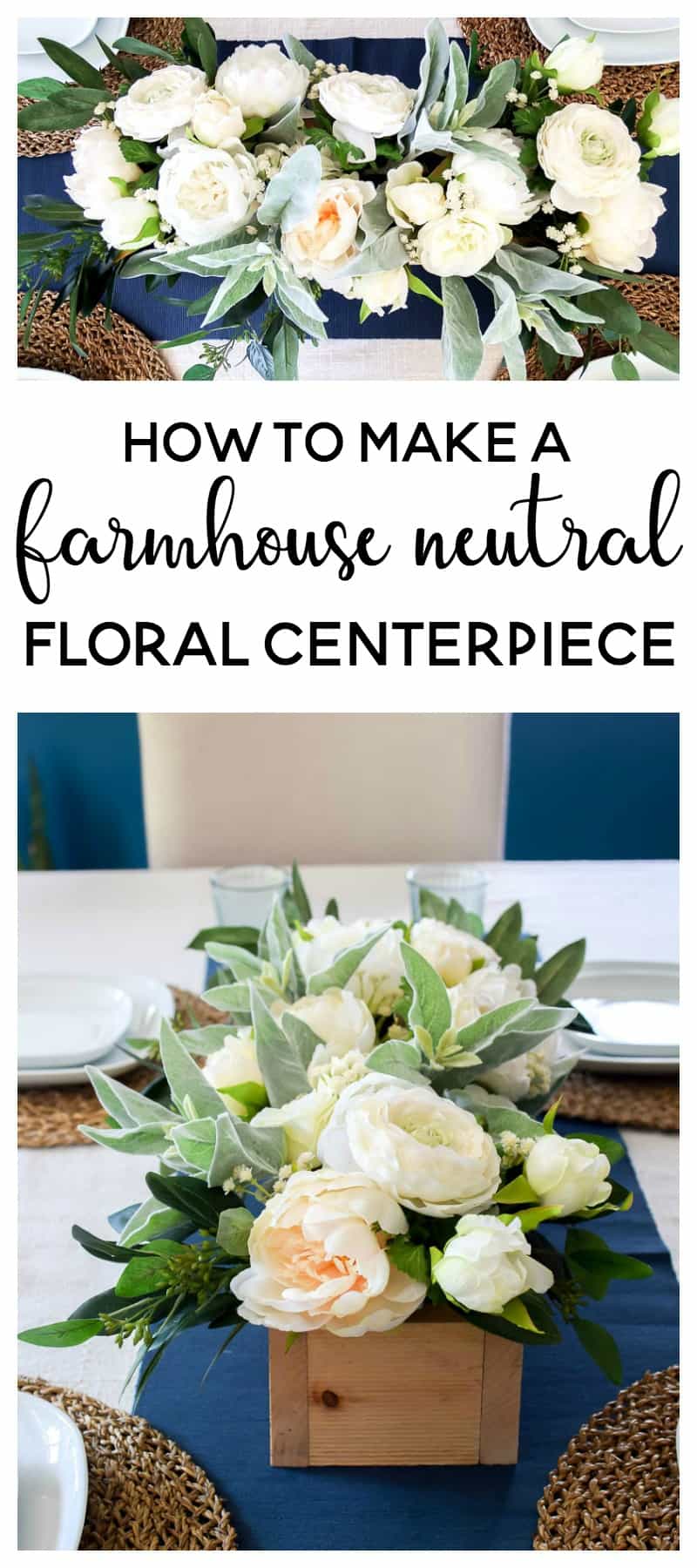 Custom farmhouse floral arrangement done in a DIY wooden box centerpiece with faux flowers and greenery