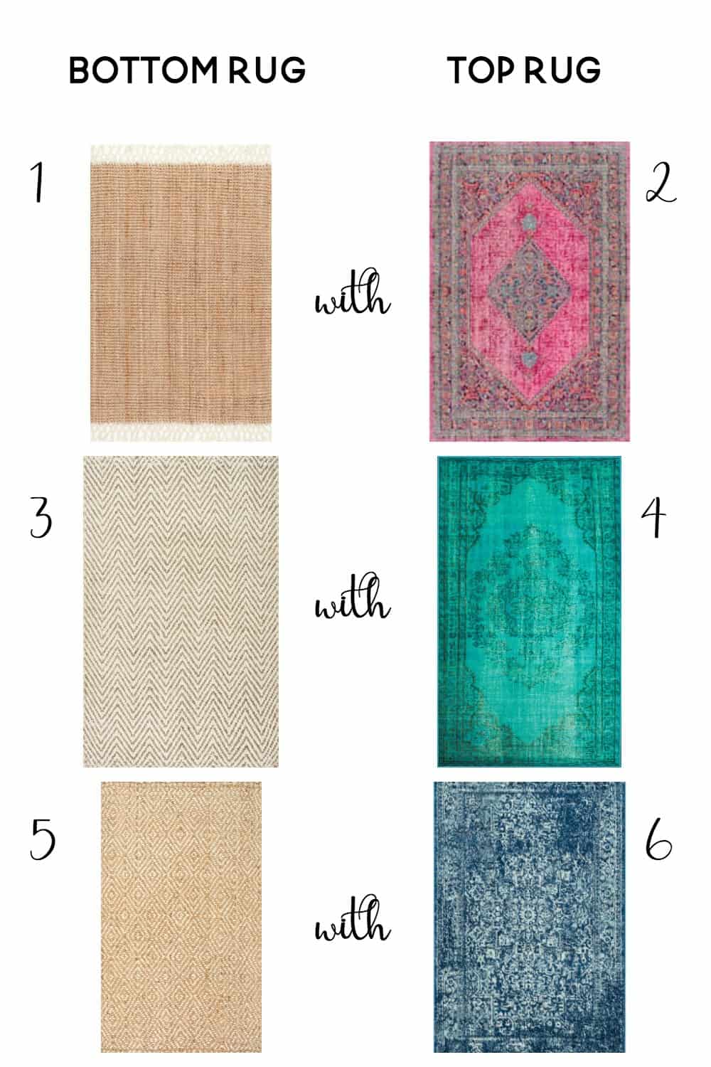 Try one of these fun combinations when learning how to layer rugs like a pro