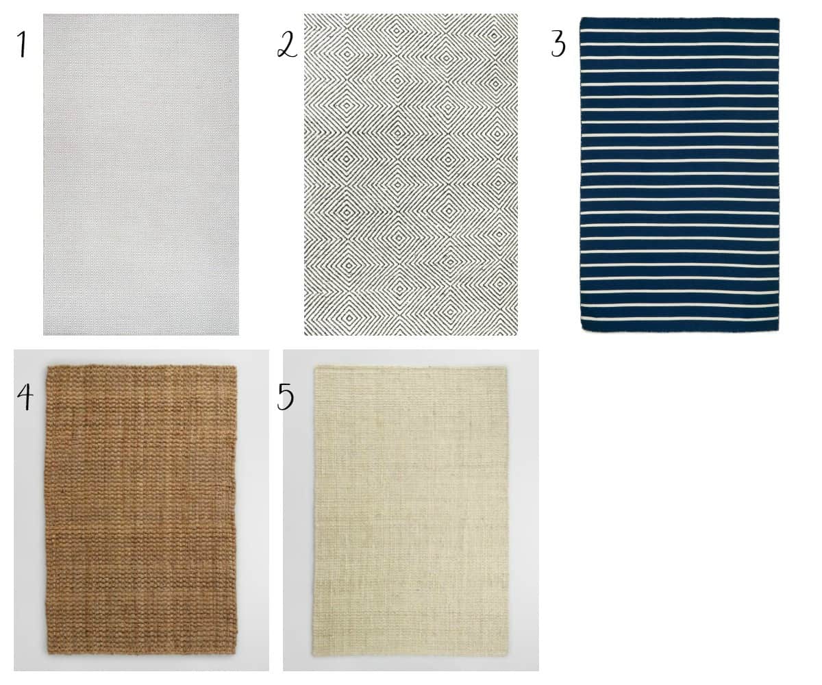 Choose from one of these 5 different neutral rugs for the bottom layer when layering rugs. These ones incorporate more grays and even a Navy stripe pattern for the perfect layered rug look.