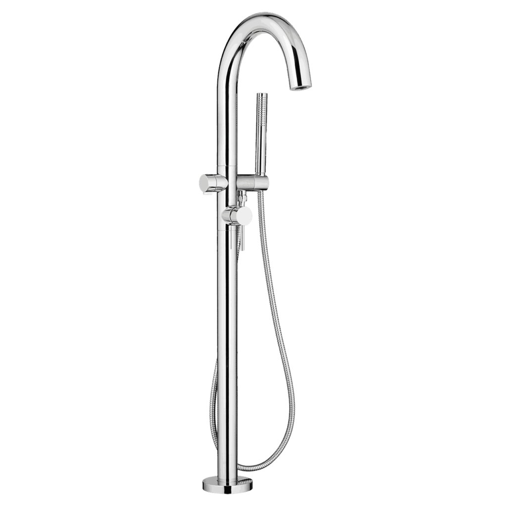 A standard tub filler for a tub that is a floor mount to be used in a modern bathroom mood board renovation