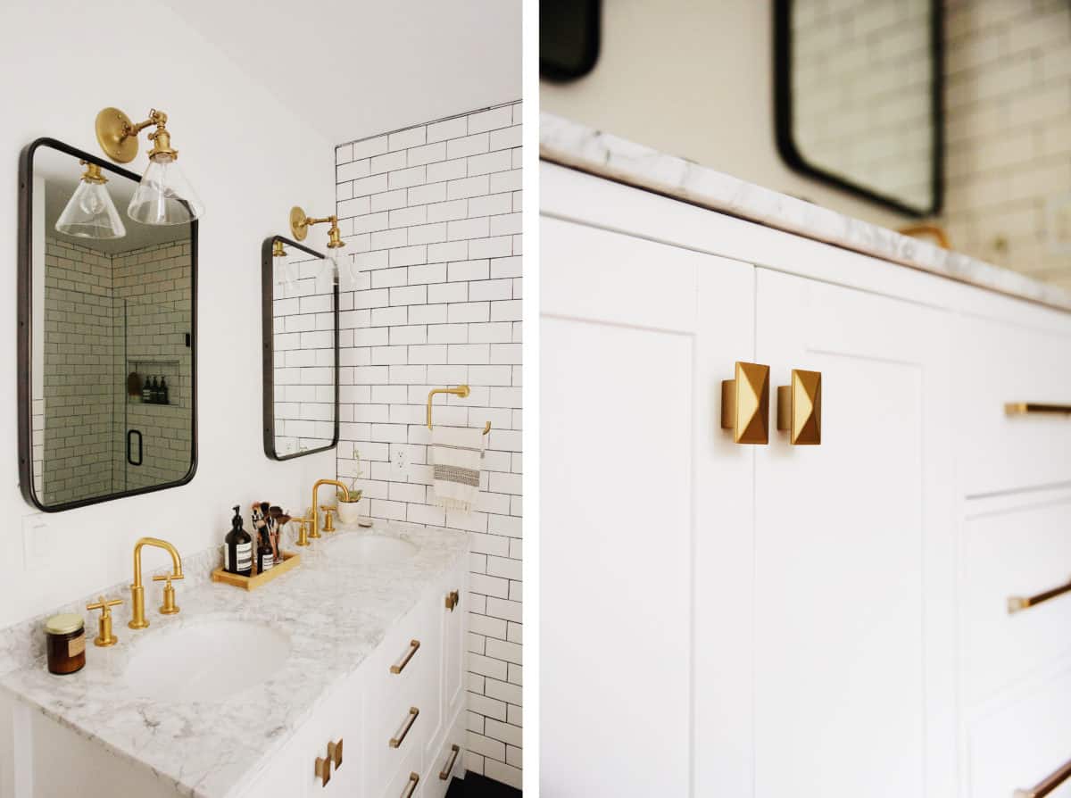A pair of images showing different polished gold chrome fixtures in a bathroom. On the right, dual sink vanity with marble countertops and gold chrome faucets, brass framed mirrors, and gold light fixtures. On the left, white cabinets have square polished chrome knobs.