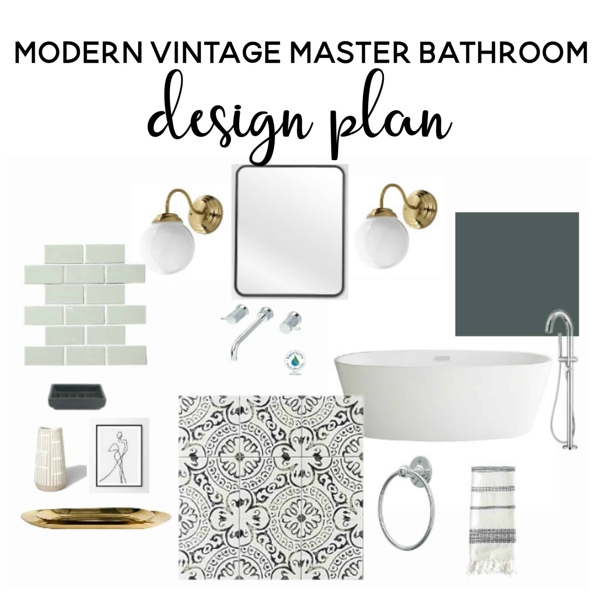 The design plan for our master bathroom remodel - samples of all our favorite modern vintage pieces, including tiles, fixtures, paint, decor and more.