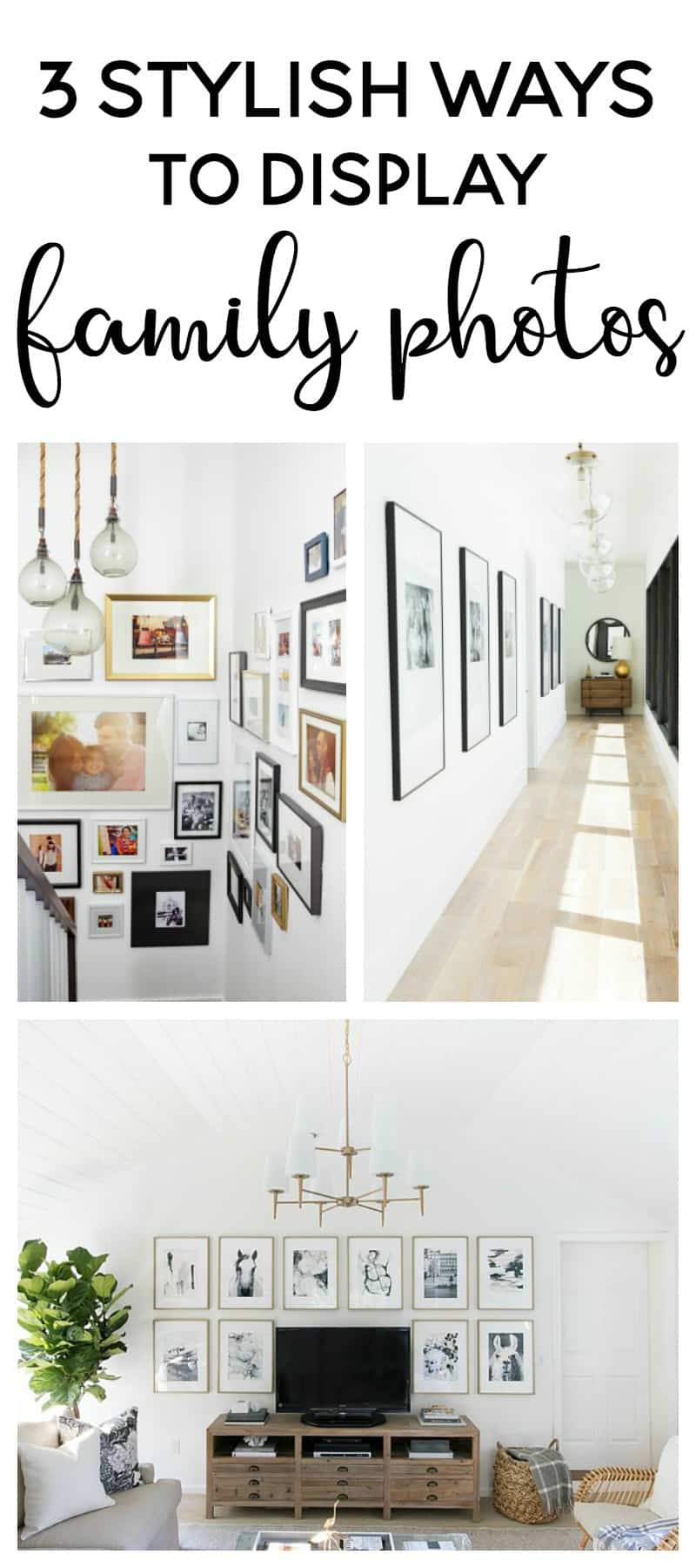 Stairwell displaying family photos in a tasteful way. Hallway with black and white photos displayed. Living room family photo display. 