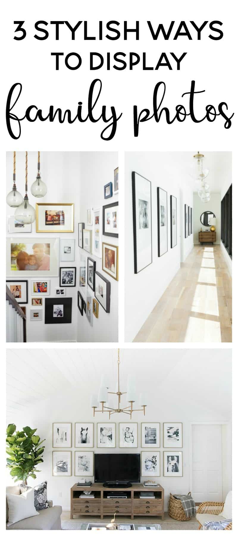 Stairwell displaying family photos in a tasteful way. Hallway with black and white photos displayed. Living room family photo display.