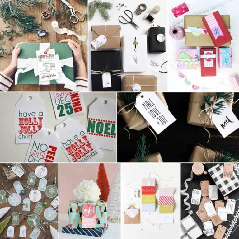image collage of nine free printable Christmas gift tags