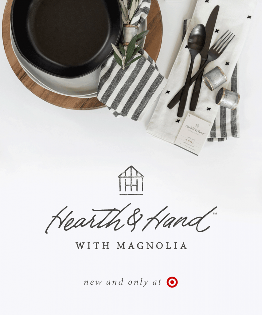 A photo of a plate, fork and spoon with table knife and napkin. With text overlays saying Hearth & Hand by Magnolia.