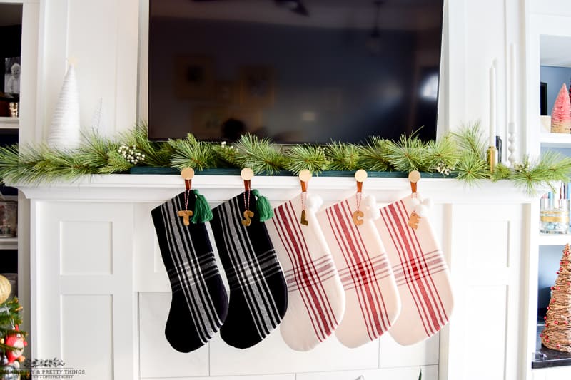 Small gold clay letter tags added to the 5 plaid stockings