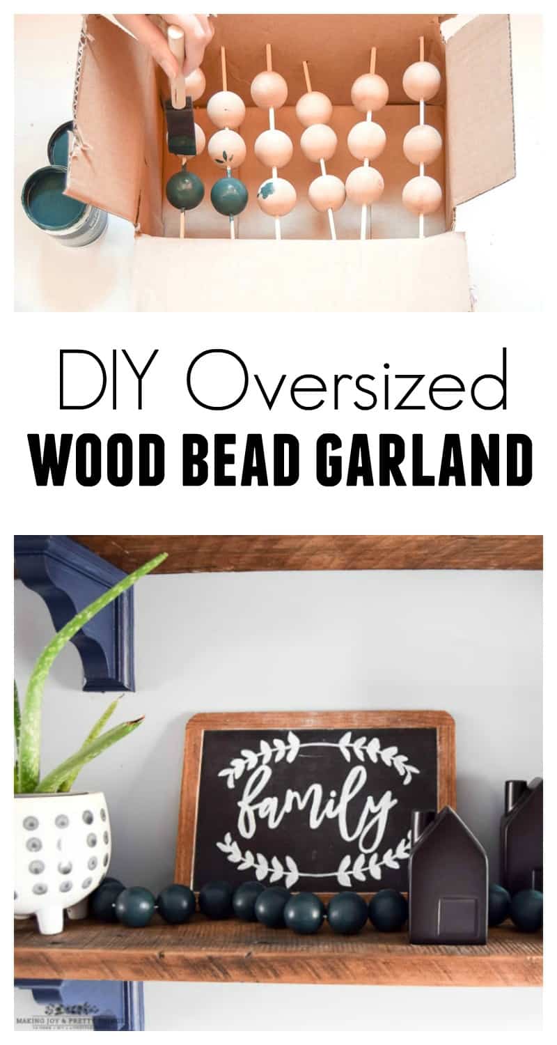 DIY wooden ball garland painted and threaded together with twin and put up on rustic shelves used as a decor item
