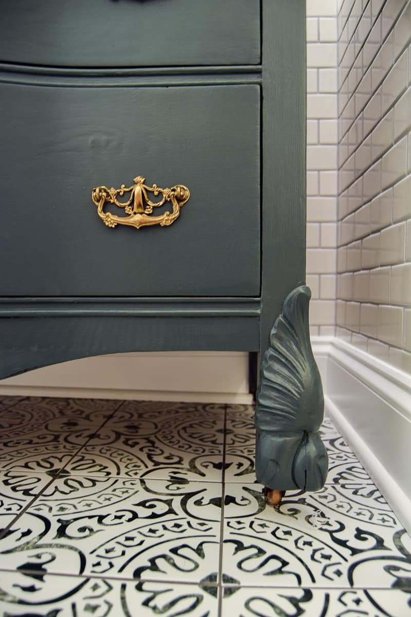 A close up look at the ornate vintage gold hardware on our bathroom vanity.