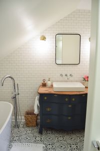 Sharing the full reveal for our modern vintage master bathroom full of vintage charm, a high end look, all while being budget friendly. modern vintage master bathroom design plan | bathroom ideas | bathroom remodel | bathroom decor | master bathroom remodel | renovating on a budget | modern vintage bathroom | bathroom design ideas | bathroom design small | attic bathroom | bathroom ideas