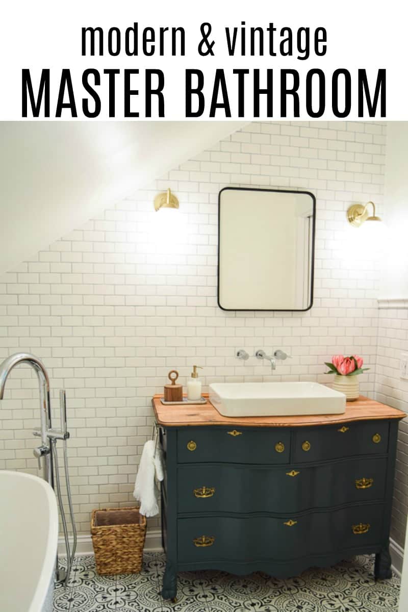 Sharing the full reveal for our modern vintage master bathroom full of vintage charm, a high end look, all while being budget friendly. modern vintage master bathroom design plan | bathroom ideas | bathroom remodel | bathroom decor | master bathroom remodel | renovating on a budget | modern vintage bathroom | bathroom design ideas | bathroom design small | attic bathroom | bathroom ideas