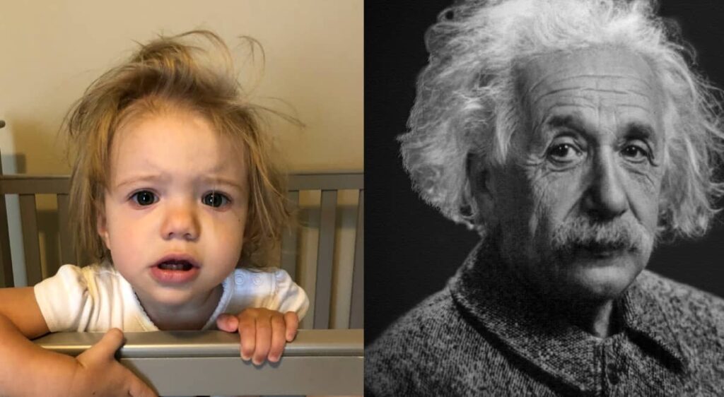 A picture of a disgruntled little girl immediately after waking up from a nap, her hair tousled and messy, next to a picture of Einstein.