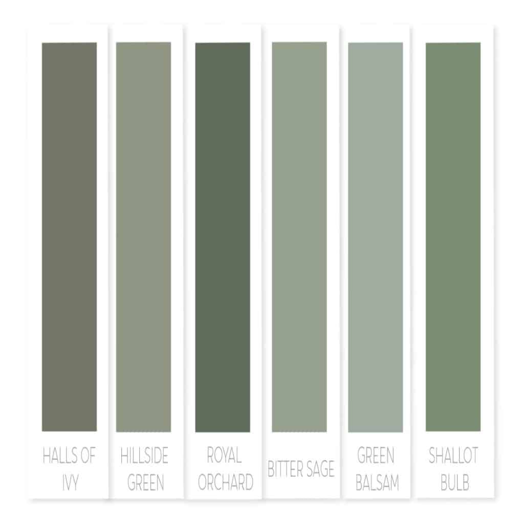 Behr's Best Sage Green Paint Colors are Halls of Ivy, Hillside Green, Royal Orchard, Bitter Sage, Green Balsam, Shallot Bulb