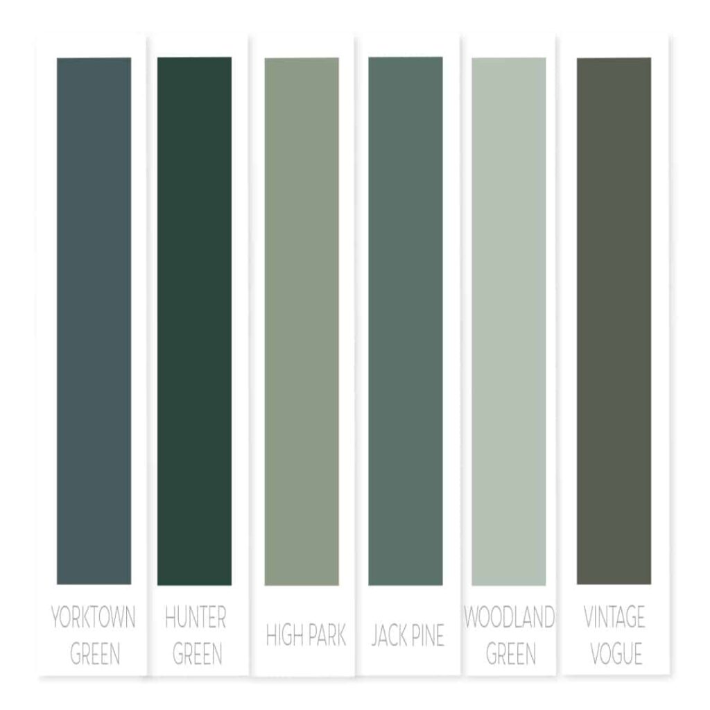 Benjamin Moore green paint colors that I love are Yorktown Green, Hunter Green, High Park, Jack Pine, Woodland Green and Vintage Vogue