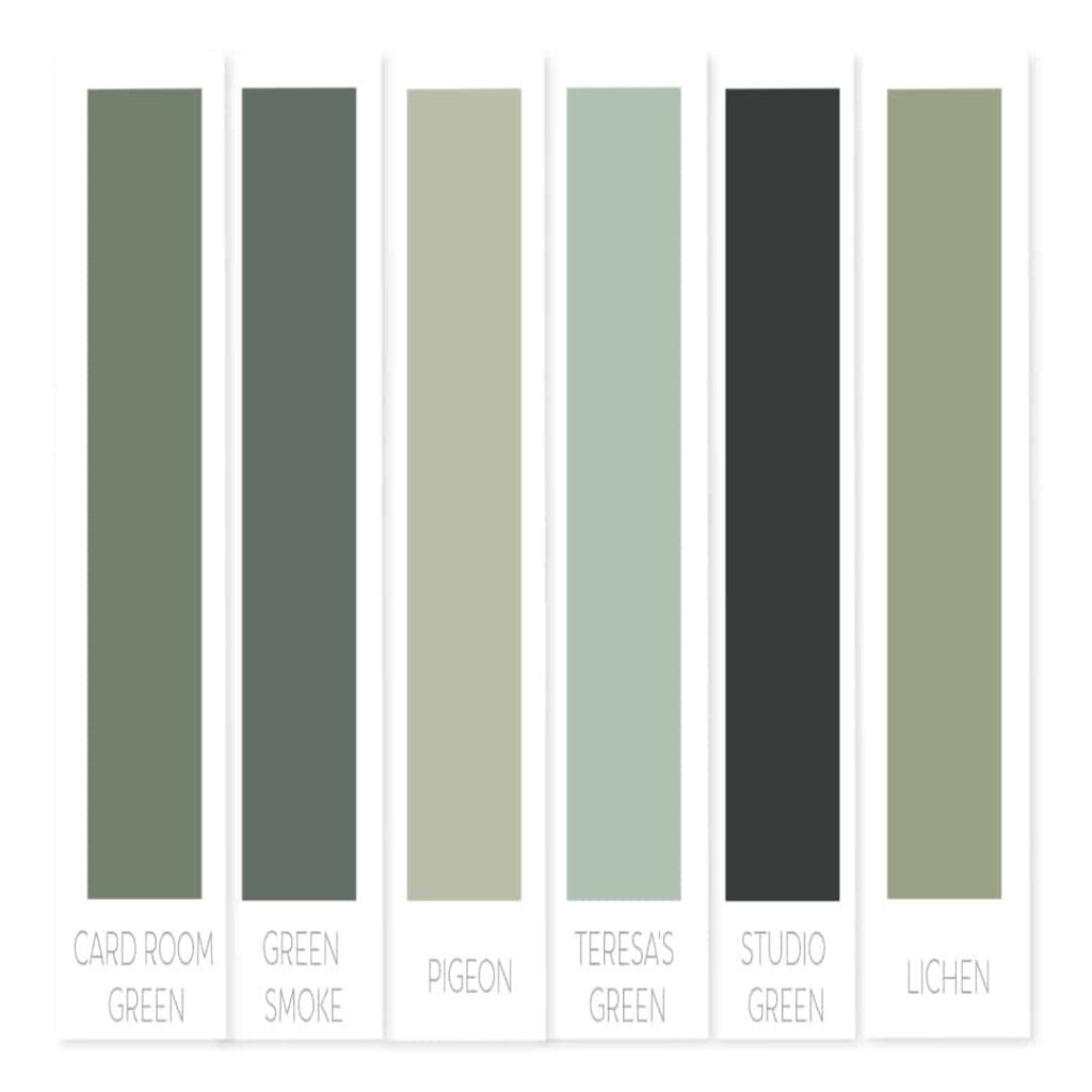 Here are my favorite Farrow and Ball green paint colors: Card Room Green, Green Smoke, Pigeon, Teresa's Green, Studio Green and Lichen