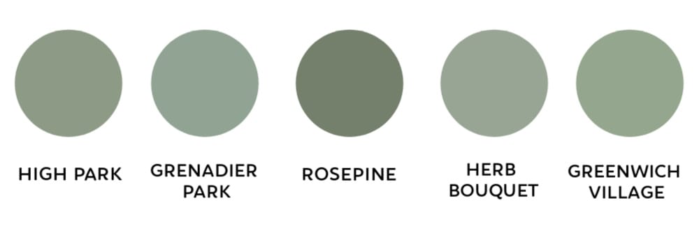 The Sage green paint colors that I was deciding between from Benjamin Moore were High Park, Gredadier Park, Rosepine, Herb Bouquet and Greenwich Village 