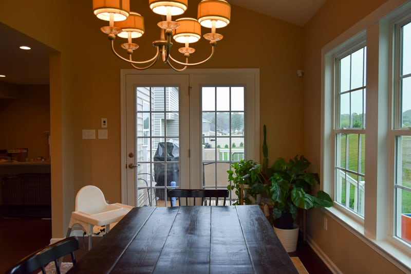 Another angle of the dining room, looking out into the backyard through the double French doors.