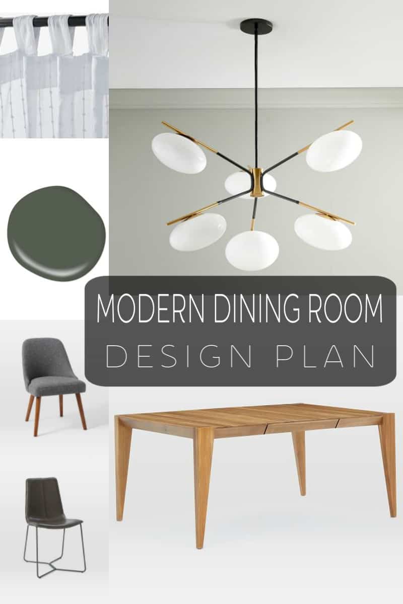 A collage of our dining room makeover decor, including our chandelier, paint choice, dining room table and chairs. Image text overlay says "modern dining room design plan"