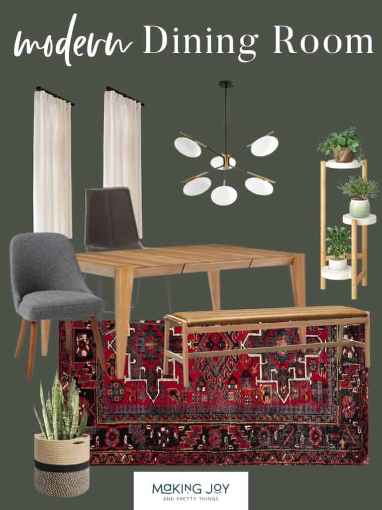 Collage with modern dining room furniture and decor from West Elm and Amazon