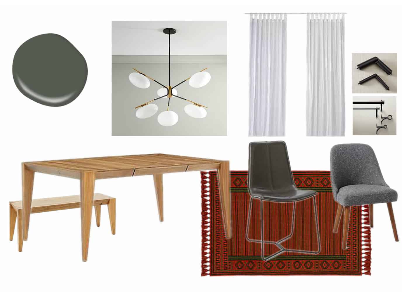 A collage of images showing all the different design elements of our dining room makeover, including the paint color, dining room table, chairs, rug, chandelier, and curtains.