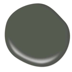 A circular paint sample shows the dining room paint color choice, called North Woods - a deep green with a hint of gray.